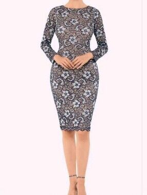 Elegant Navy Lace Sheath Dress - Long Sleeve. Size 6p